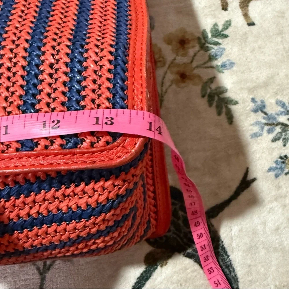 MARC JACOBS Large Tote SAMI Red Orange Navy Woven Weaved w/ Leather Trim Handle